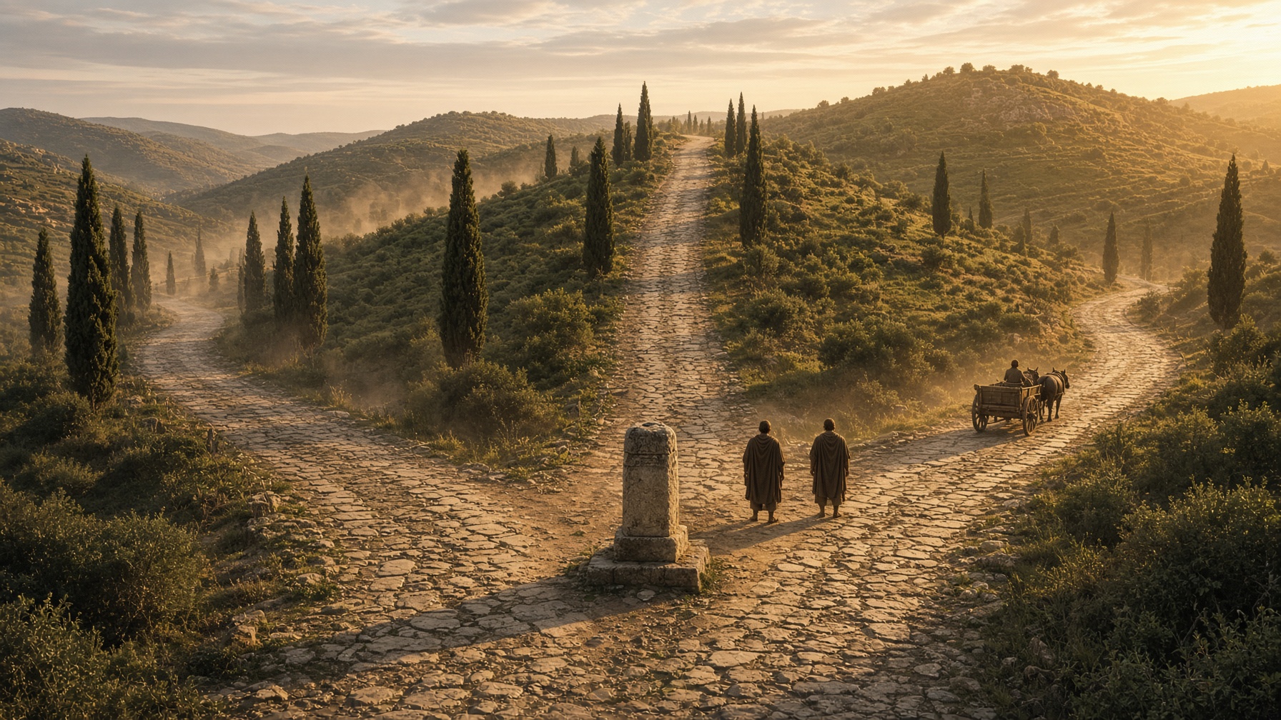 Three Roman roads dividing at a stone marker